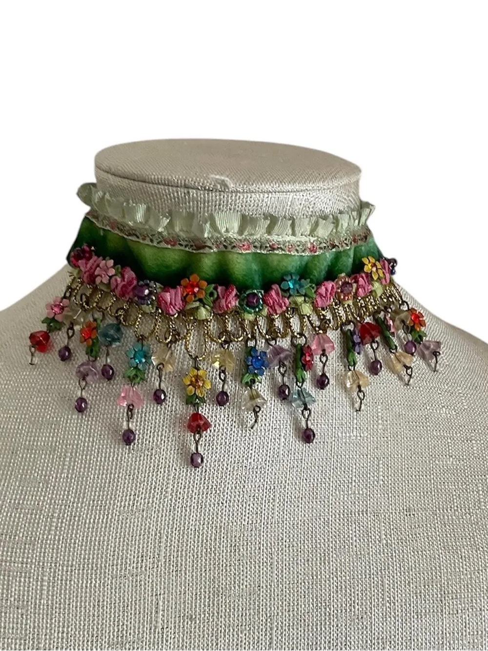Michal Negrin Floral Multicolor Beaded Choker Necklace - Green Velvet